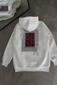 Kadın Kapüşonlu Kanguru Cepli Sweatshirt 3 İplik Pamuklu Baskılı Hoodie - Beyaz