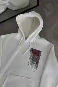 Erkek Kapüşonlu Kanguru Cepli Sweatshirt 3 İplik Pamuklu Baskılı Hoodie - Beyaz