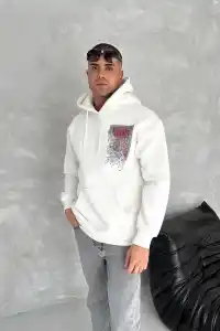 Erkek Kapüşonlu Kanguru Cepli Sweatshirt 3 İplik Pamuklu Baskılı Hoodie - Beyaz