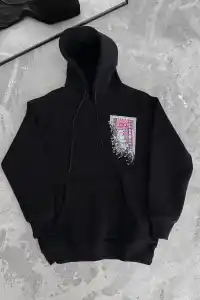 Erkek Kapüşonlu Kanguru Cepli Sweatshirt 3 İplik Pamuklu Baskılı Hoodie - Siyah
