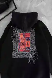 Erkek Kapüşonlu Kanguru Cepli Sweatshirt 3 İplik Pamuklu Baskılı Hoodie - Siyah