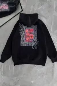 Kadın Kapüşonlu Kanguru Cepli Sweatshirt 3 İplik Pamuklu Baskılı Hoodie - Siyah