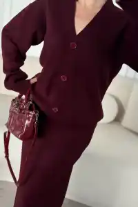 Kadın V Yaka 3 Düğmeli Hırka Triko İkili Alt-Üst Etekli Takım - Bordo