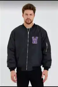 Wild One Baskılı Erkek Bomber Mont – Panter Desenli, Fermuarlı, Kapitone Astarlı Ceket - Siyah