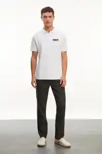 Erkek Polo Yaka Düğmeli Tişört Pike Baskılı T-Shirt - Beyaz