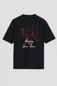 Yılbaşı Happy New Year Baskılı Kısa Kollu Oversize Bisiklet Yaka T-shirt - Siyah