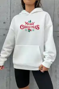 Yılbaşı Merry Christmas Baskılı Oversize Kapüşonlu Sweatshirt Hoodie - Beyaz