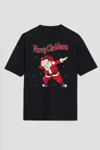 Yılbaşı Merry Christmas Noel Baba Baskılı Oversize Bisiklet Yaka T-shirt - Siyah
