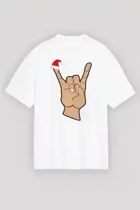 Yılbaşı Noel Başlıklı Serçe Parmak Baskılı Oversize Bisiklet Yaka T-shirt - Beyaz