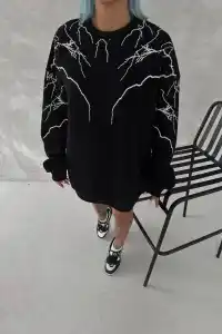 Kadın Yıldırım Baskılı Bisiklet Yaka 3 iplik pamuklu SweatShirt - Siyah