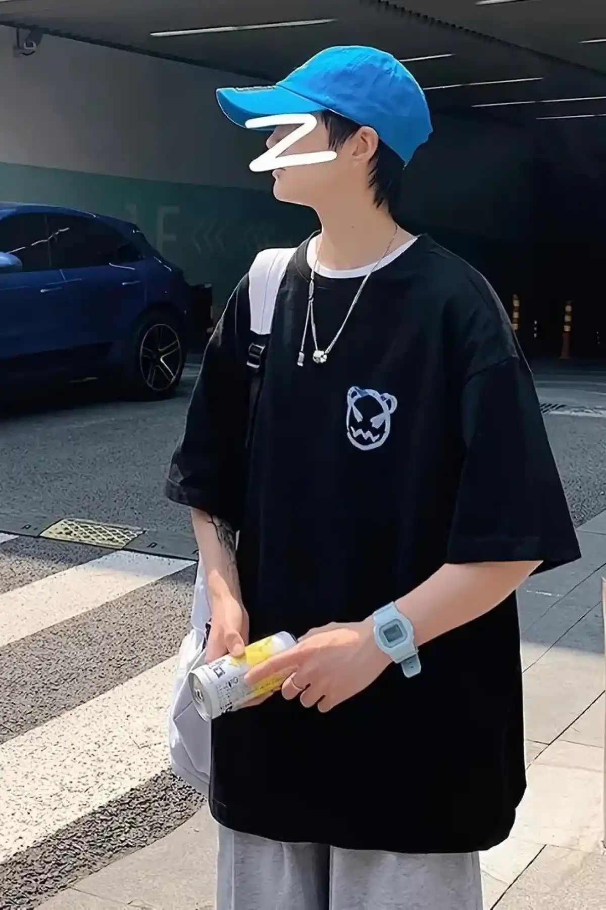 ERKEK Penye Compack Bisiklet Yaka Kore tarzı sevimli ayı baskı Kısa Kol Erkek t-shirt - Siyah