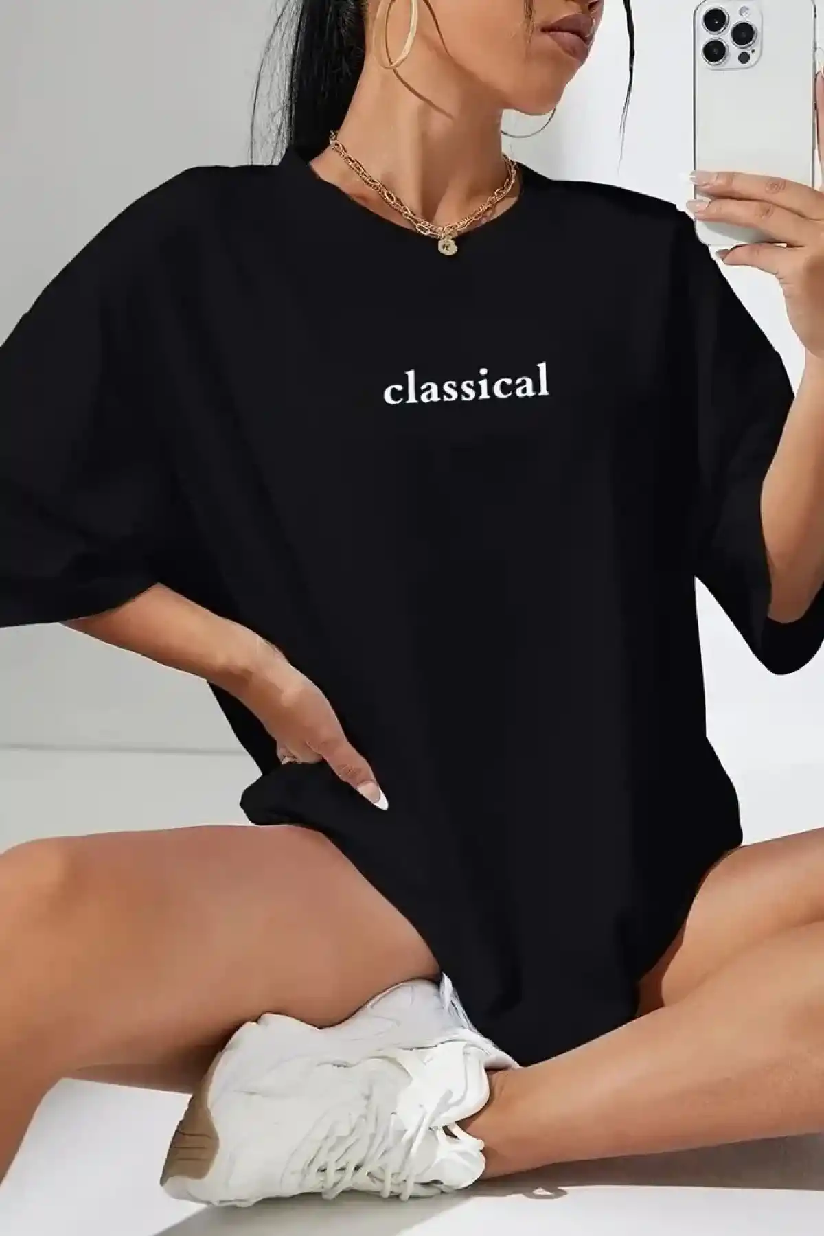 20/1 Penye Compack Classical Baskılı Siyah Oversize Tişort - Siyah