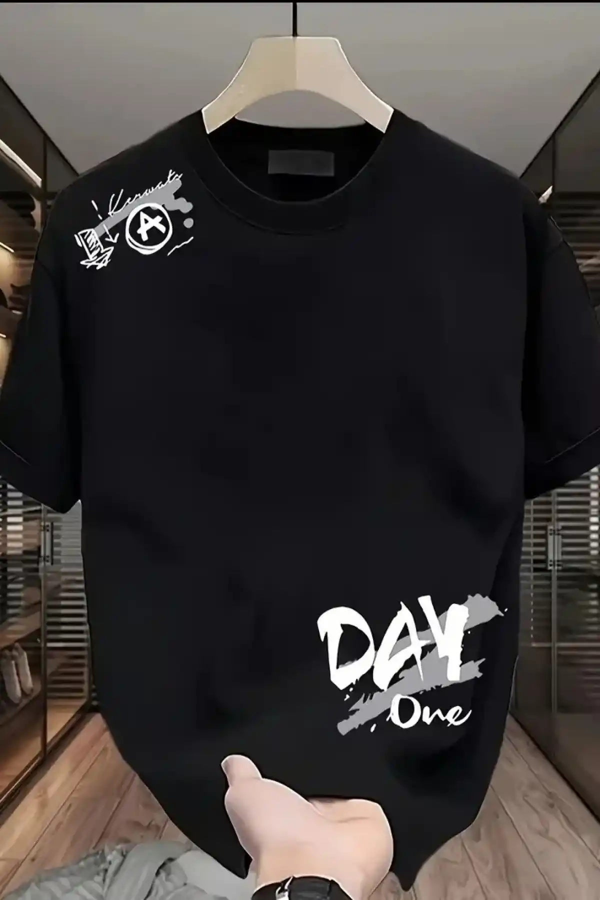 20/1 Penye Compack Day One Baskılı Oversize Bisiklet Yaka T-shirt - Siyah