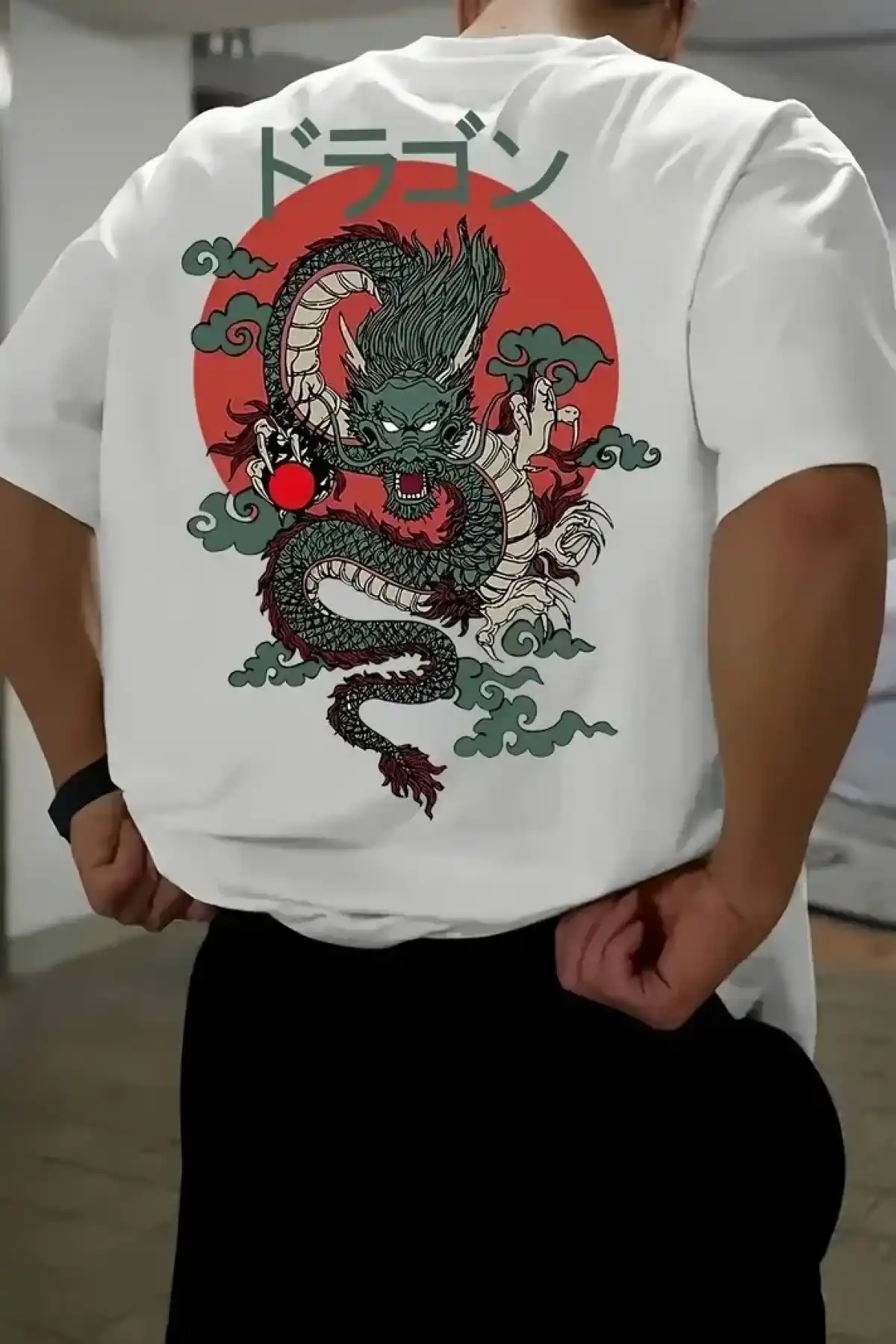 20/1 Penye Compack Ön Arka Ejder Baskılı Oversize Bisiklet Yaka T-shirt - Beyaz