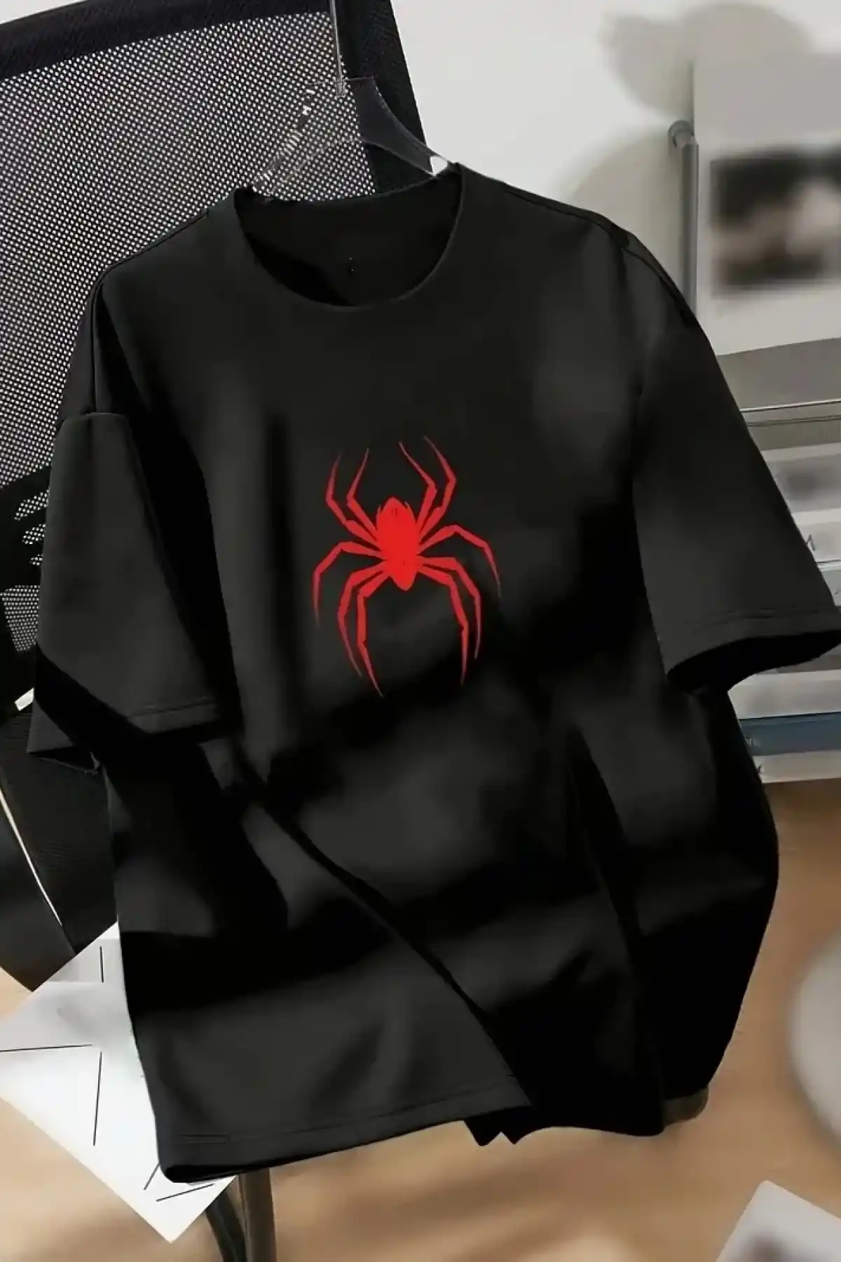 20/1 Penye Compack Spider Baskılı Oversize Unisex Kısa Kol Yazlık T-shirt - Siyah