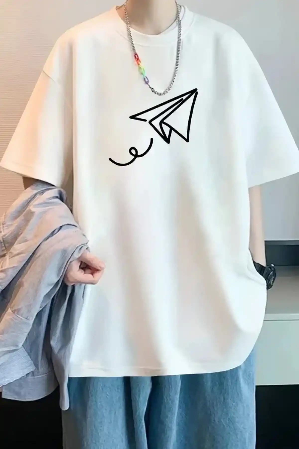 20/1 Penye Compack Uçak Baskılı Oversize Bisiklet Yaka Kısa Kol T-shirt - Beyaz