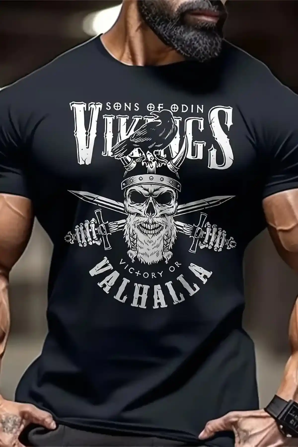 20/1 Penye Compack Vikings Valhalla Baskılı Oversize Bisiklet Yaka T-shirt - Siyah