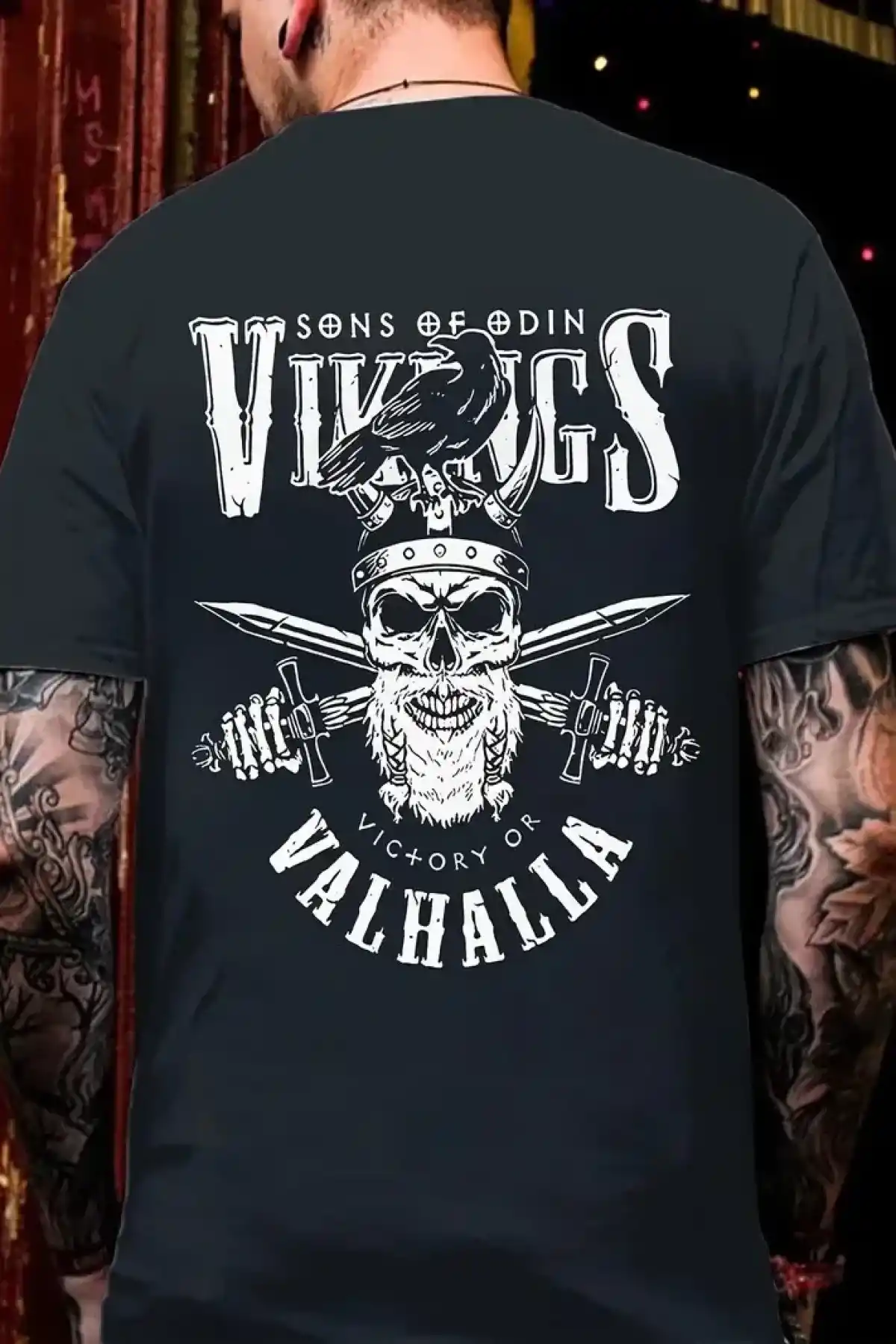 Erkek Penye Compack Vikings Valhalla Baskılı Bisiklet Yaka T-shirt - Siyah