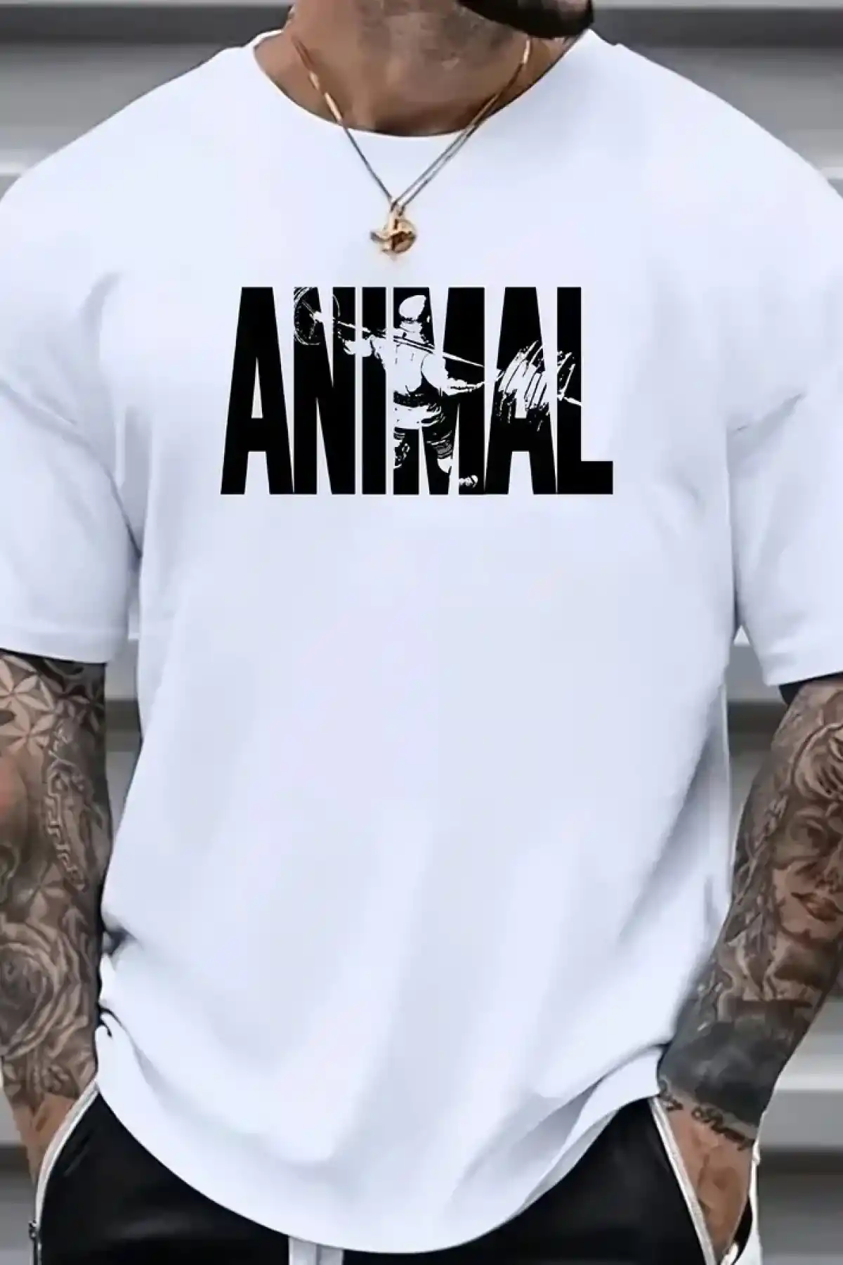 ANIMAL Desen Baskı Erkek Oversive Tişört Grafik Tişört Erkek Outdoor Kıyafetleri - Beyaz