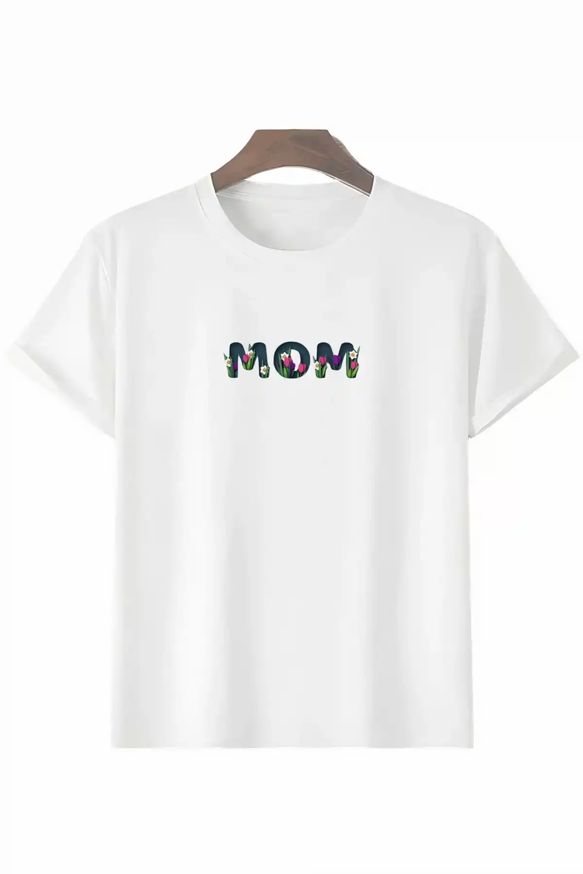 Anneler Gününe Özel Tasarım mom Çiçek Baskılı T-shirt - Beyaz