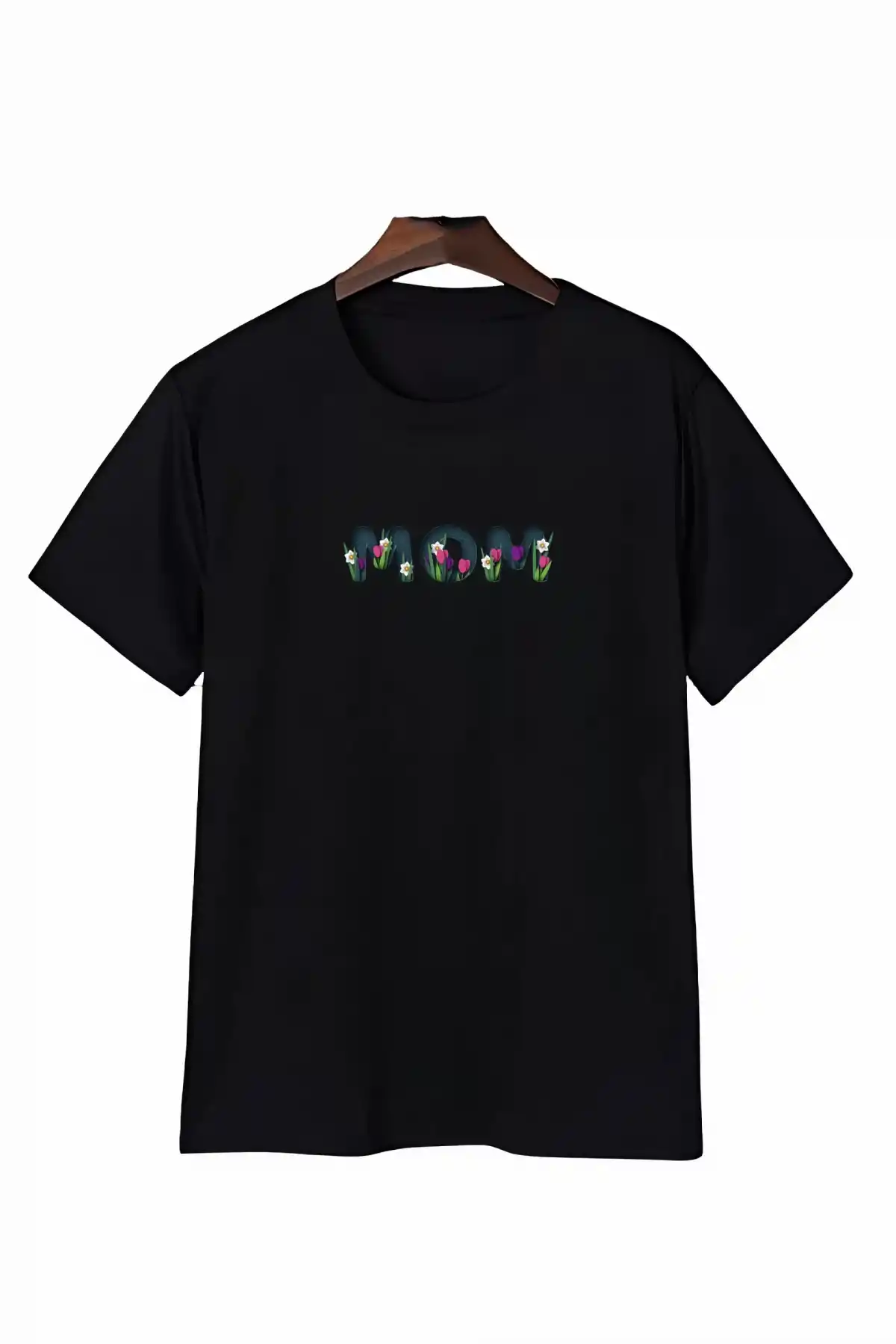 Anneler Gününe Özel Tasarım mom Çiçek Baskılı T-shirt - Siyah