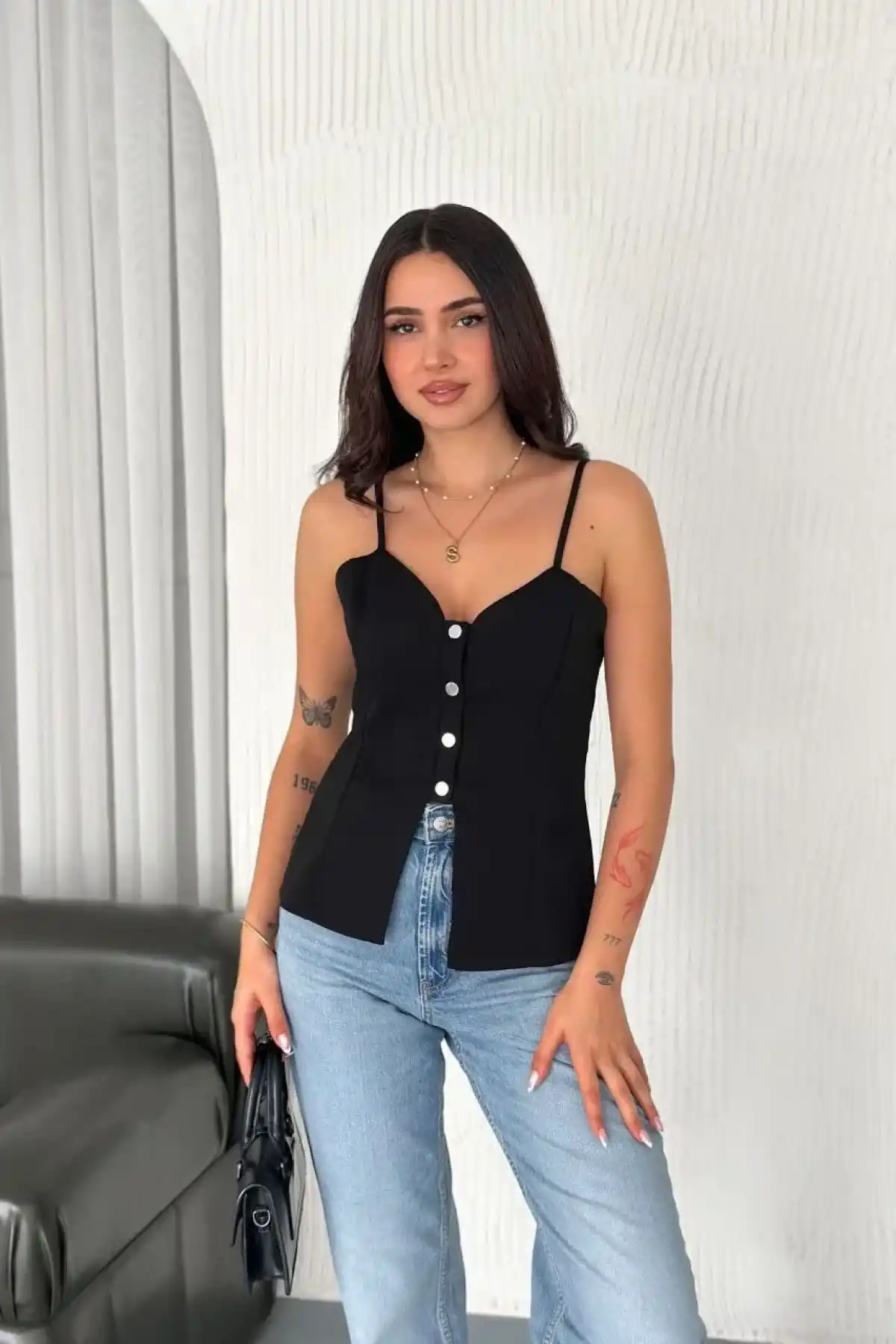 Askılı Dekolte deraylı bluz crop - Siyah