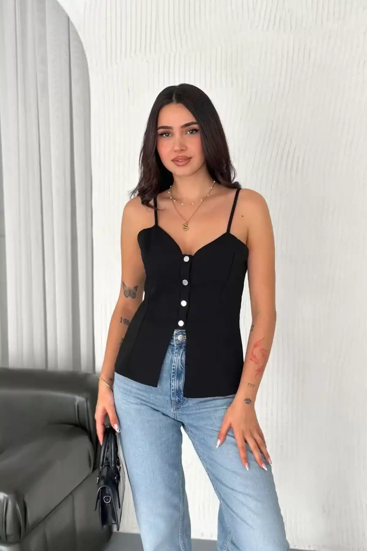 Askılı Dekolte deraylı bluz crop - Siyah