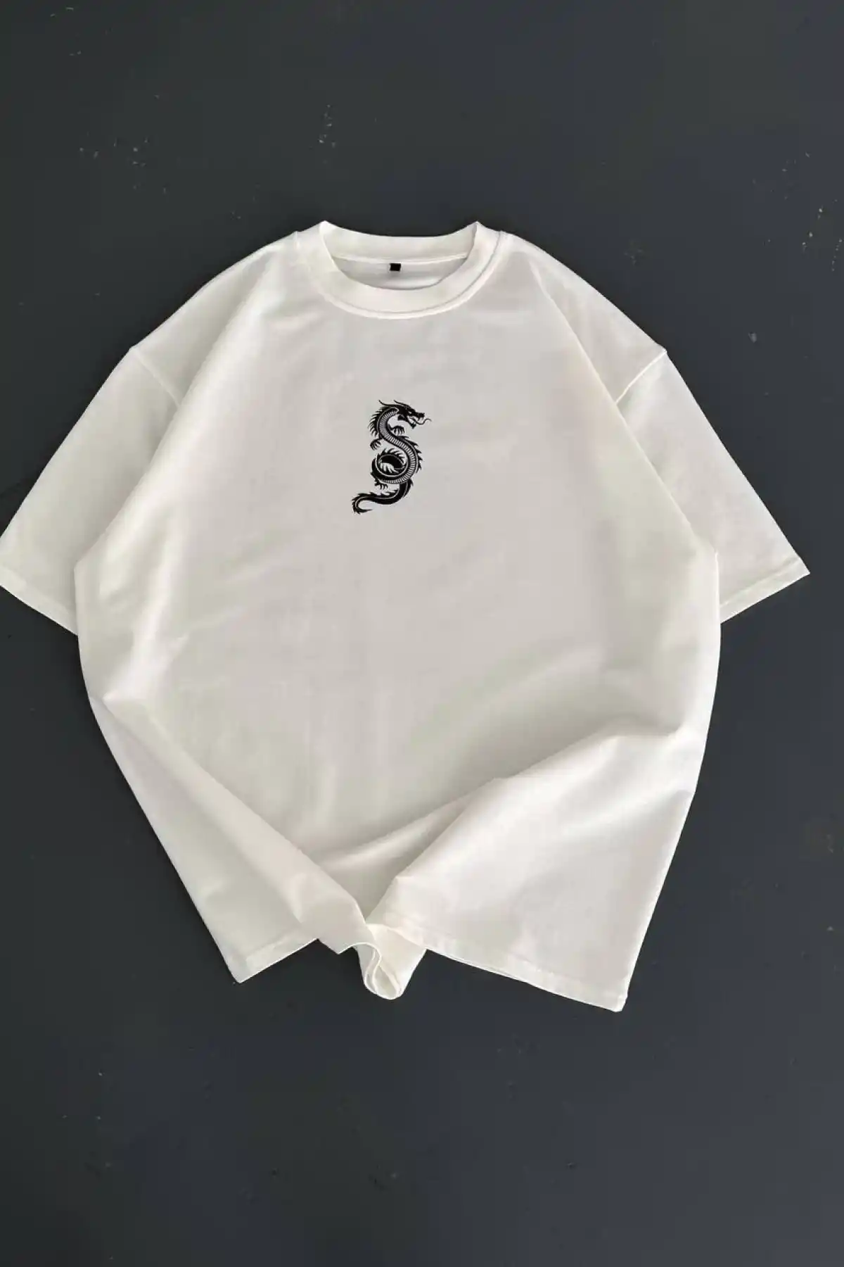 Baskılı Oversize Bisiklet Yaka T-shirt - Beyaz