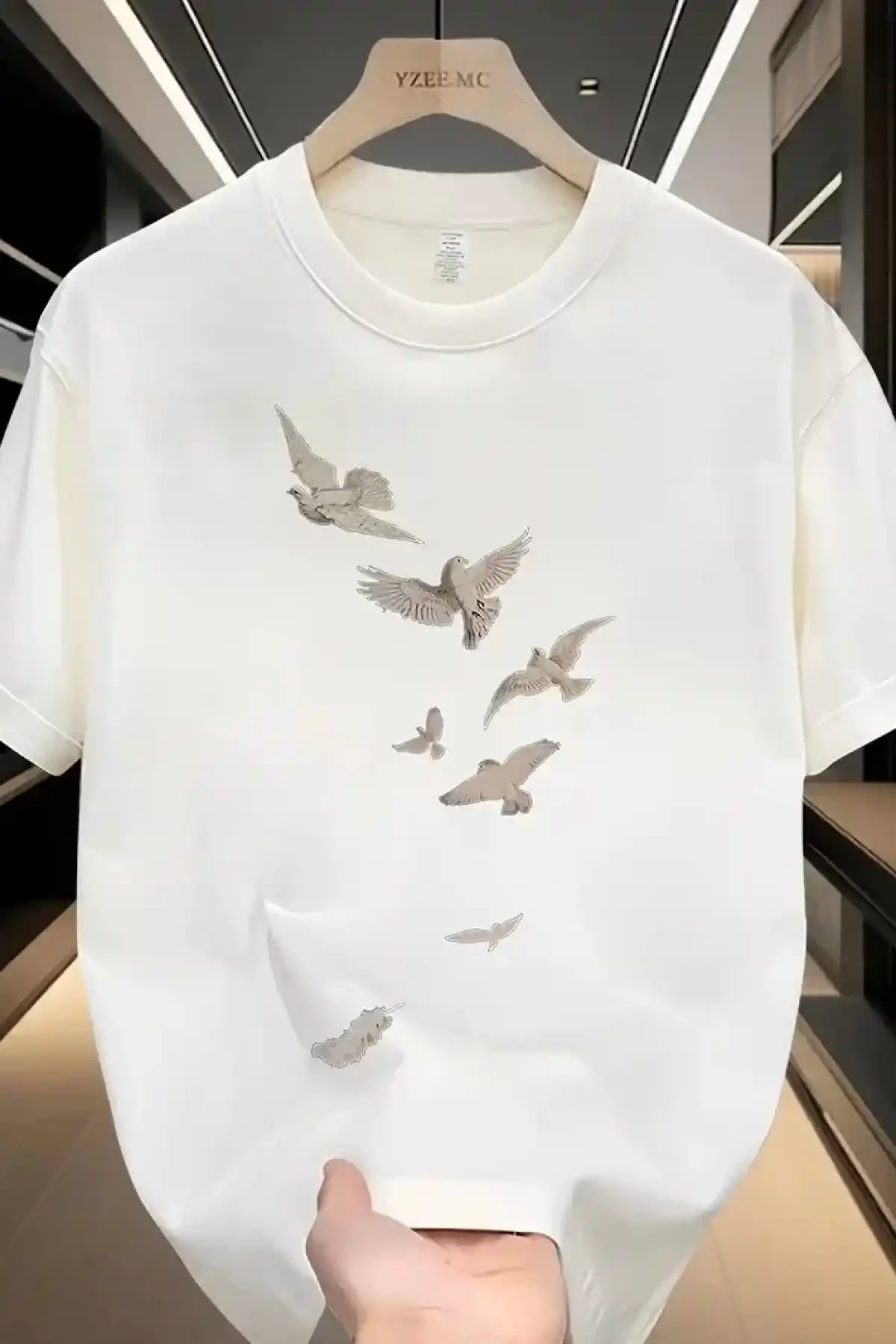 20/1 Penye Compack Özgür kuşlar Baskılı Oversize Bisiklet Yaka T-shirt - Beyaz