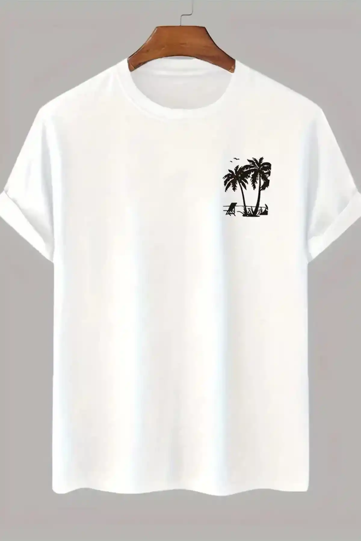 20/1 Penye Compack Palmiye Ön Baskılı Oversize Bisiklet Yaka Kısa Kol Yazlık T-shirt - Beyaz