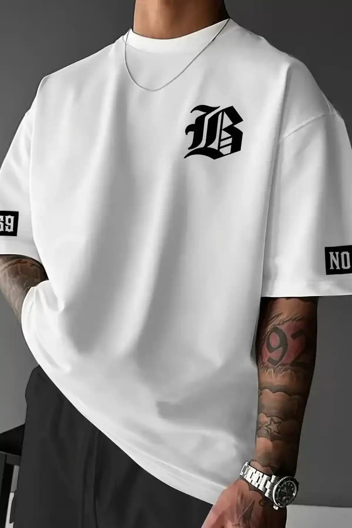 LB Baskılı Ön Arka Oversize Bisiklet Yaka Kısa Kol T-shirt - Beyaz