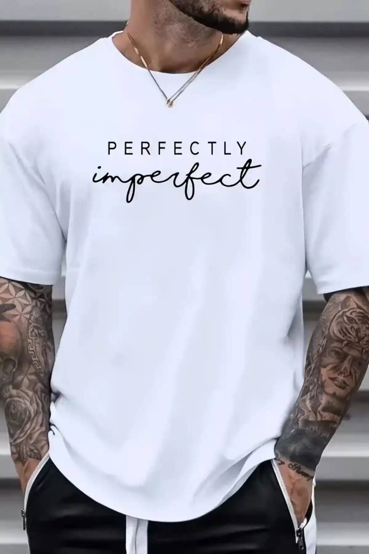 erkekler için Ön Arka Baskılı PERFECTLY günlük Kısa Kol tişört - Beyaz