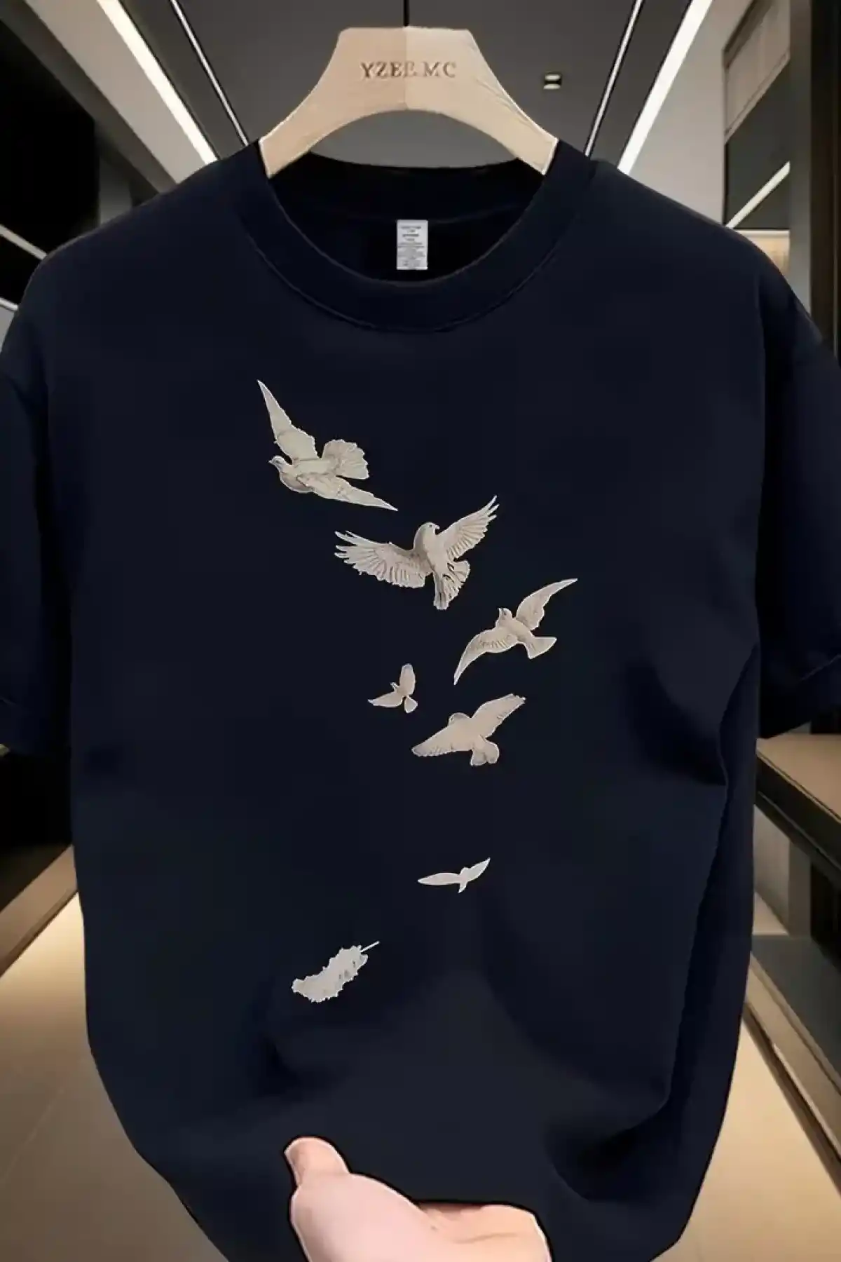 20/1 Penye Compack Özgür kuşlar Baskılı Baskılı Oversize Bisiklet Yaka T-shirt - Beyaz