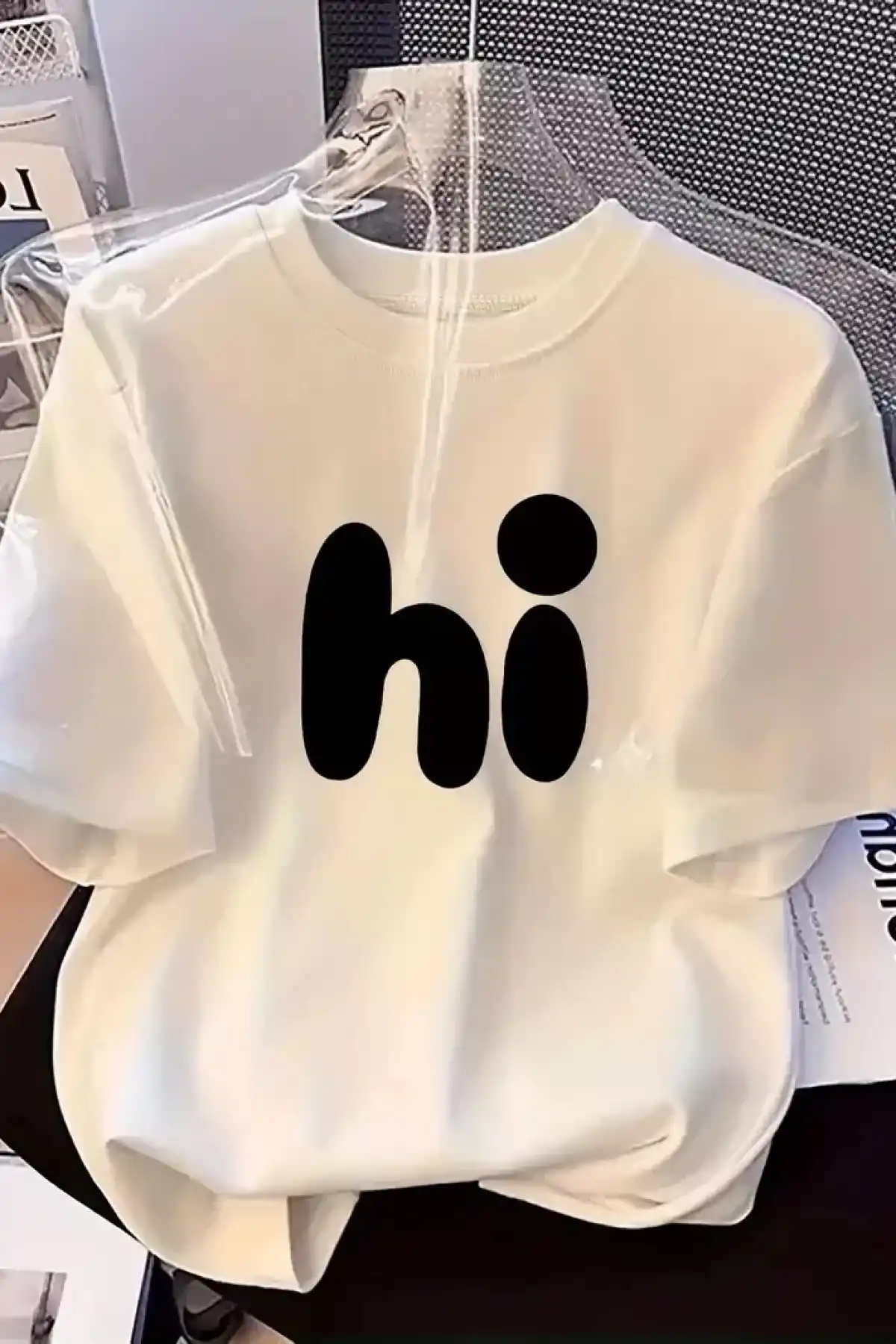 20/1 Penye Compack Baskılı Oversize Bisiklet Yaka Kısa Kol Yazlık T-shirt - Beyaz