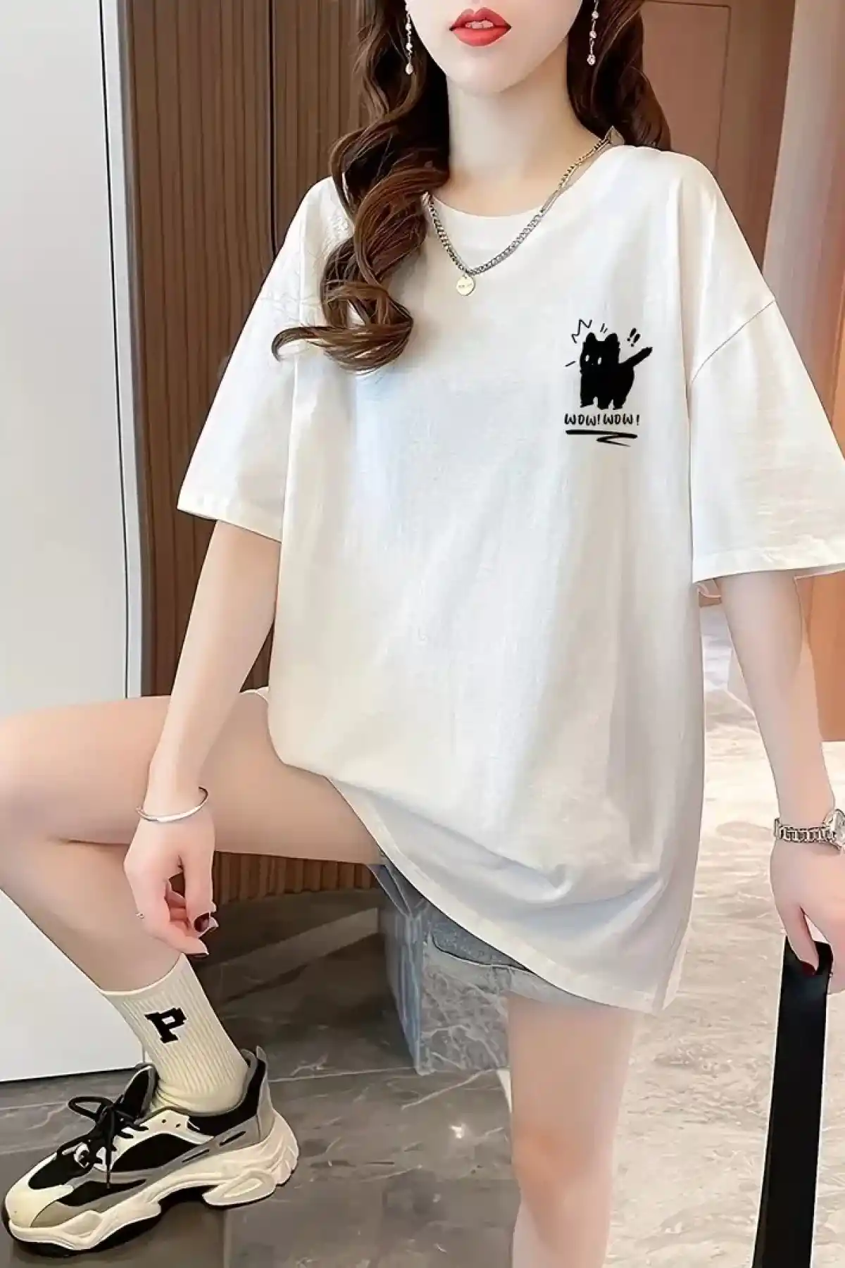 20/1 Penye Compack Tatlı Kedi Baskılı Oversize Bisiklet Yaka T-shirt - Beyaz