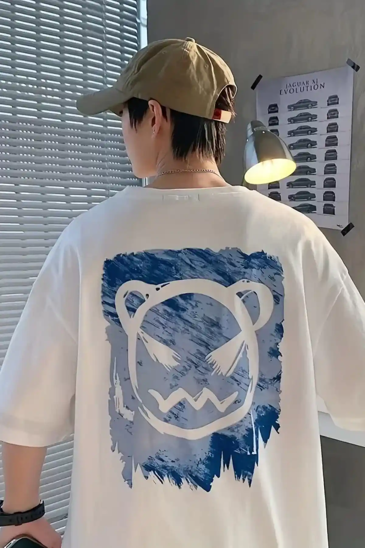 20/1 Penye Compack Bisiklet Yaka Kore tarzı sevimli ayı baskı Kısa Kol Erkek t-shirt - Beyaz