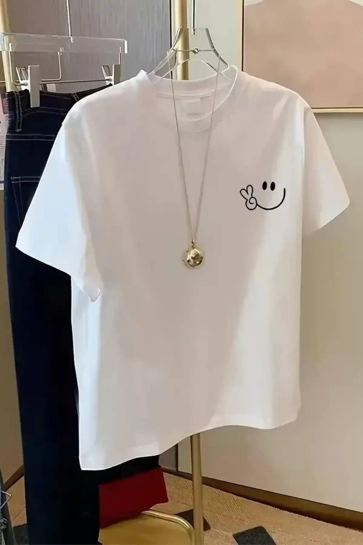 20/1 Penye Compack Gülücük Baskılı Oversize Bisiklet Yaka Kısa Kol Yazlık T-shirt - Beyaz