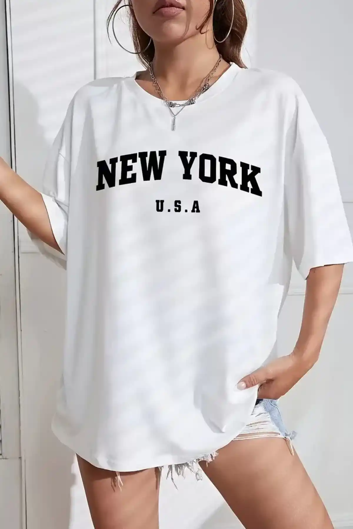 20/1 Penye CompackNew York Baskılı Oversize Kısa Kol Bisiklet Yaka T-shirt - Beyaz