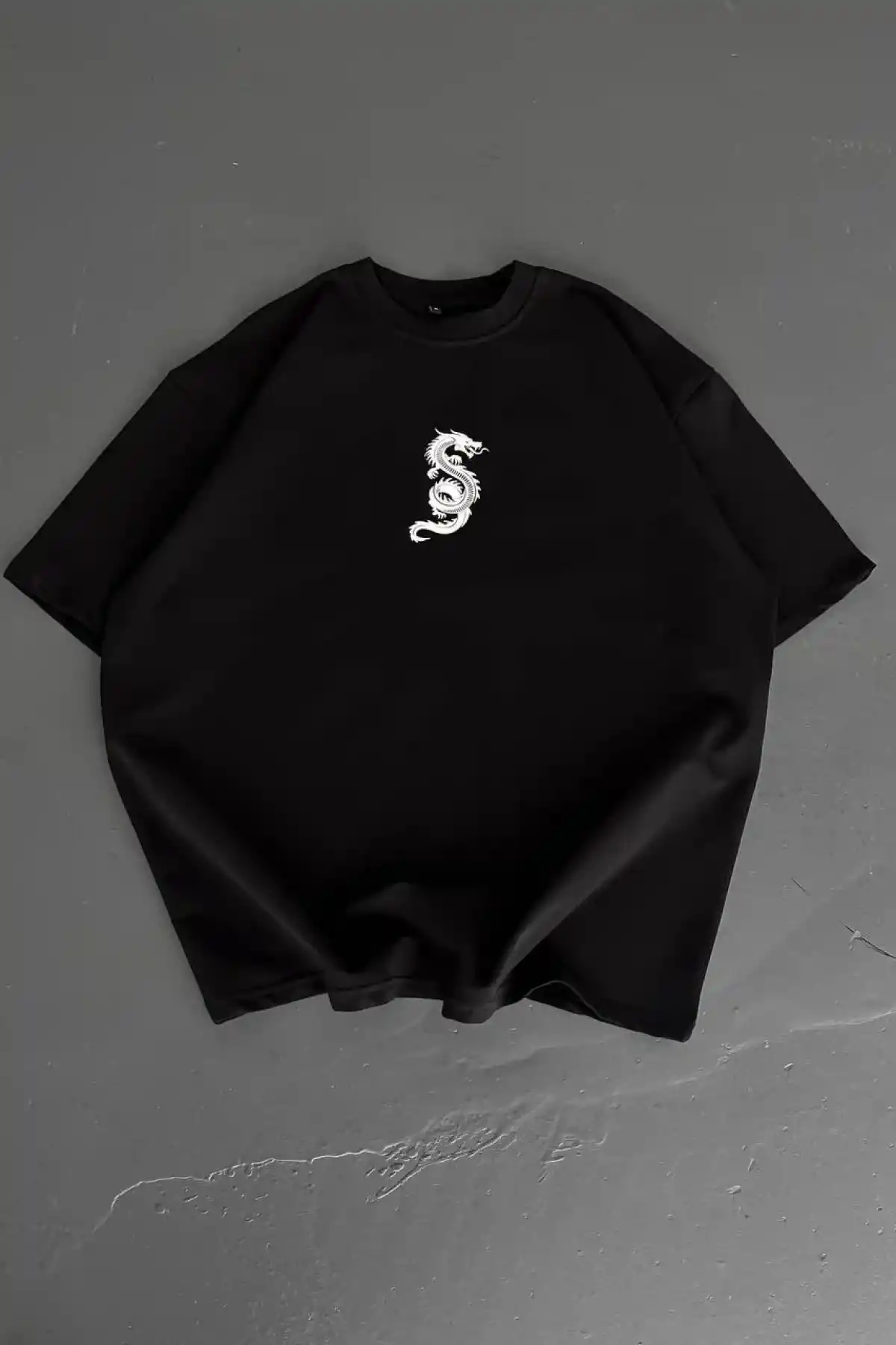 Baskılı Oversize Bisiklet Yaka - Siyah