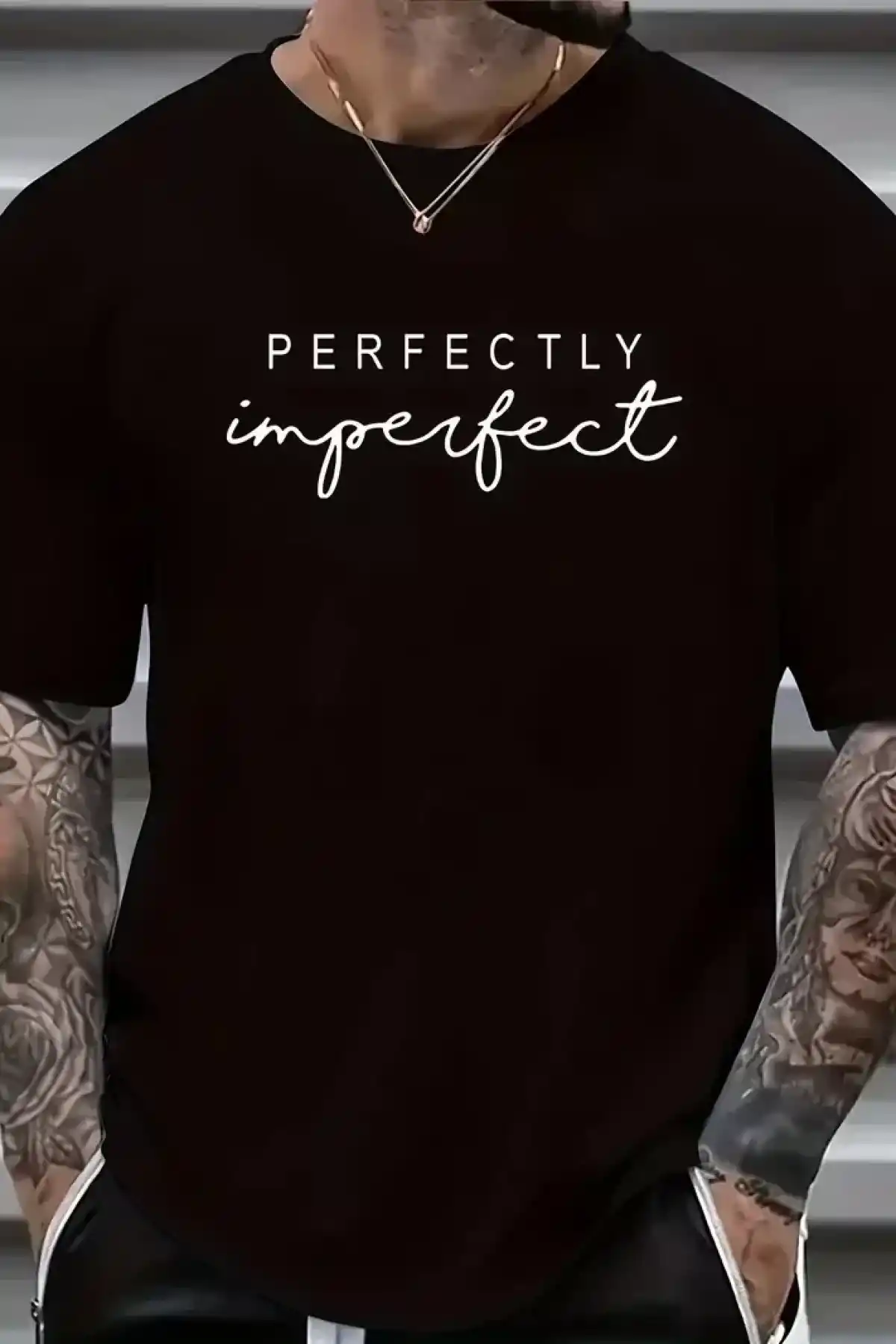 erkekler için Ön Arka Baskılı PERFECTLY günlük Kısa Kol tişört - Siyah