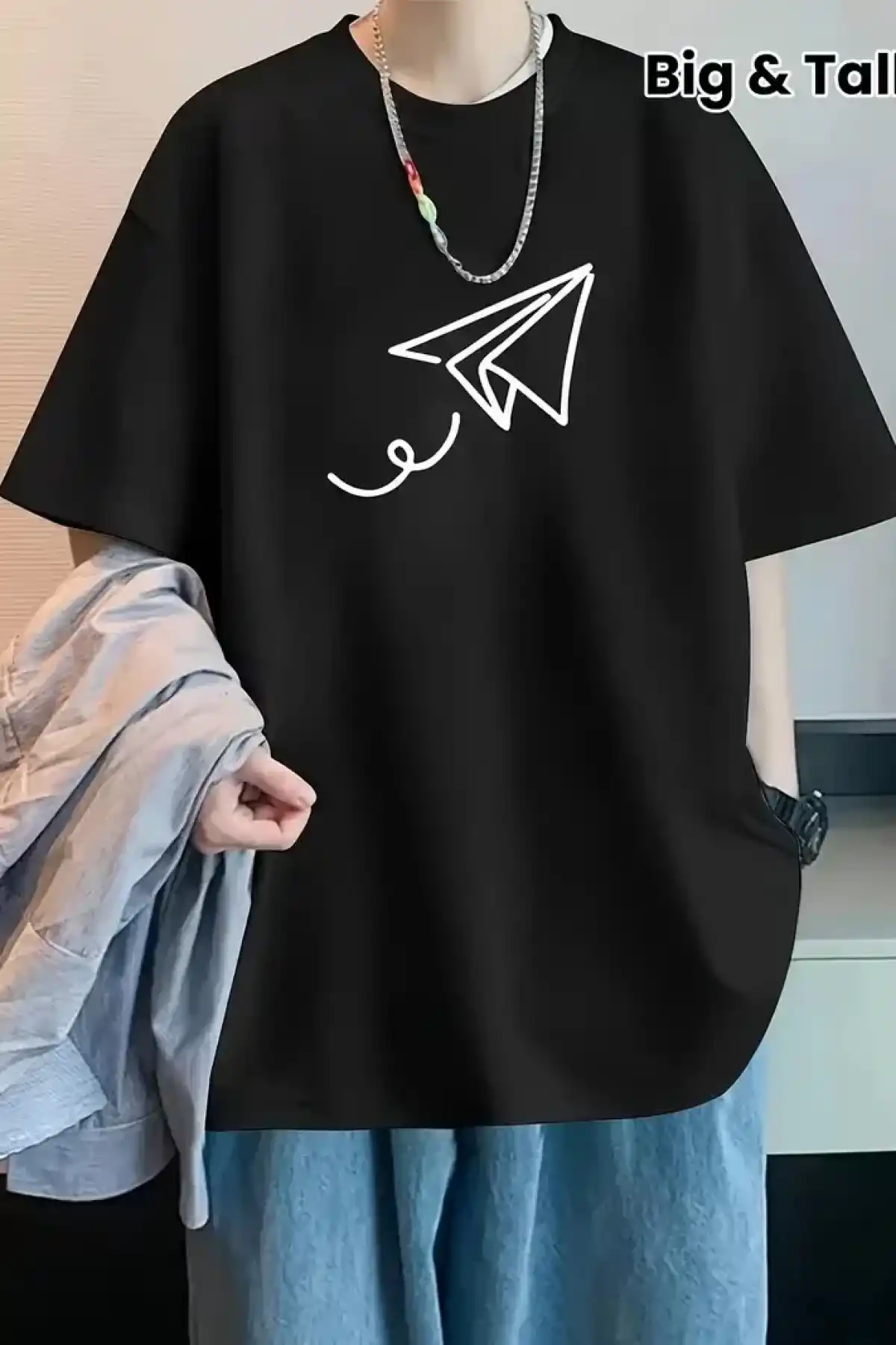 20/1 Penye Compack Uçak Baskılı Oversize Bisiklet Yaka Kısa Kol T-shirt - Siyah