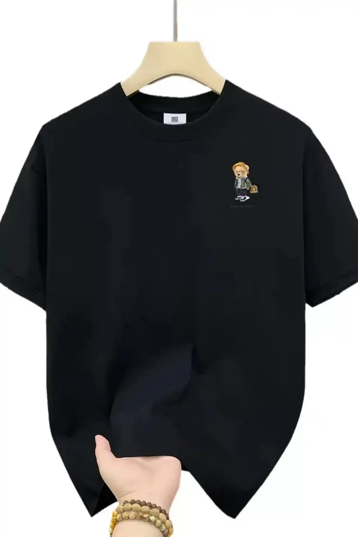 20/1 Penye Compack Gözlüklü Ayı Baskılı Oversize Bisiklet Yaka Erkek T-shirt - Siyah