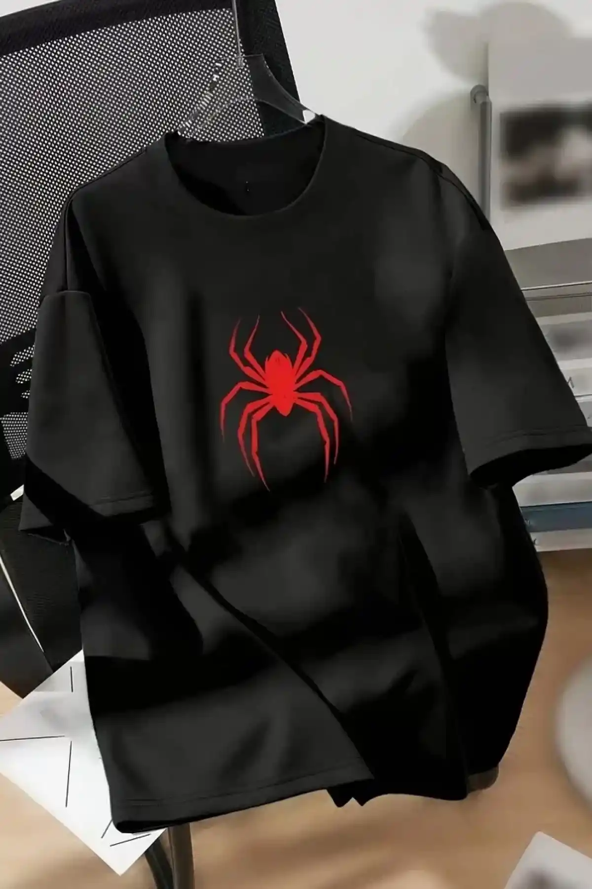 20/1 Penye Compack Spider Baskılı Oversize Unisex Kısa Kol Yazlık T-shirt - Siyah