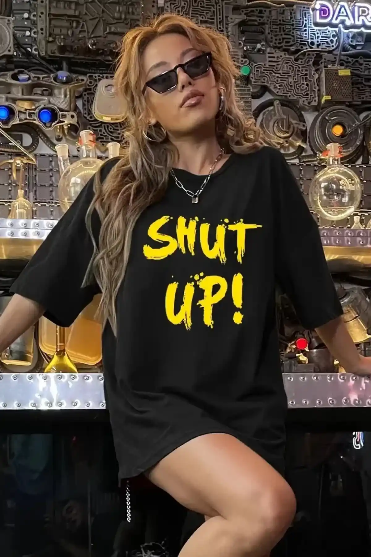 20/1 Penye Compack Shut up Baskılı Oversize Bisiklet Yaka Kısa Kol T-shirt - Siyah