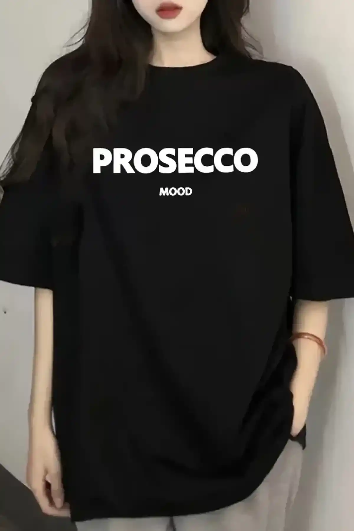 20/1 Penye Compack Baskılı Oversize Kısa Kol Bisiklet Yaka T-shirt - Siyah