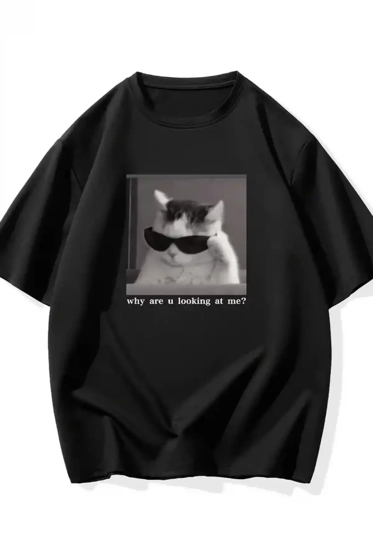 Neden Bana Bakıyorsun? Komik Kedi Grafik Tişört - Dijital Baskılı Siyah Bol Kesim Streetwear Tişört, Erkekler için Dört Mevsim Günlük Gömlek - Siyah
