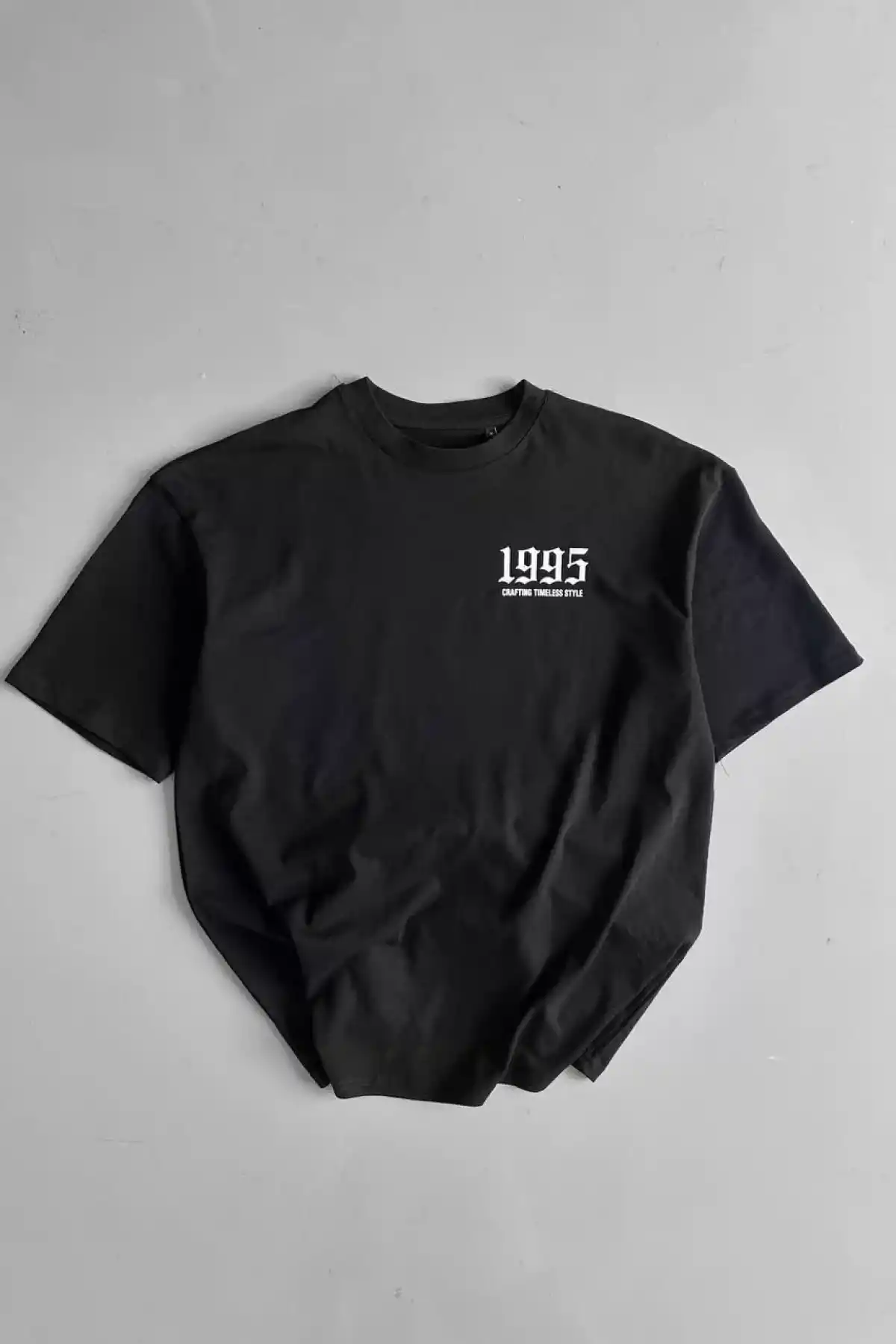 20/1 Penye Compack Baskılı Oversize Bisiklet Yaka Kısa Kol Yazlık T-shirt - Siyah