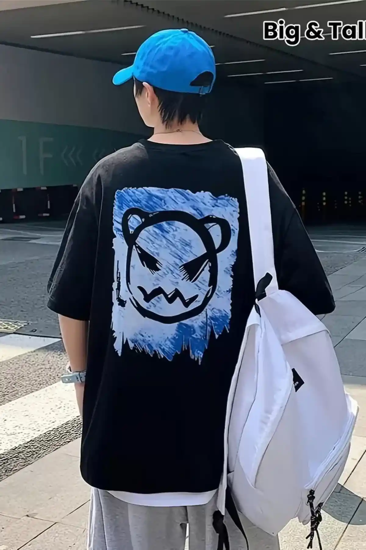 20/1 Penye Compack Bisiklet Yaka Kore tarzı sevimli ayı baskı Kısa Kol Erkek t-shirt - Siyah