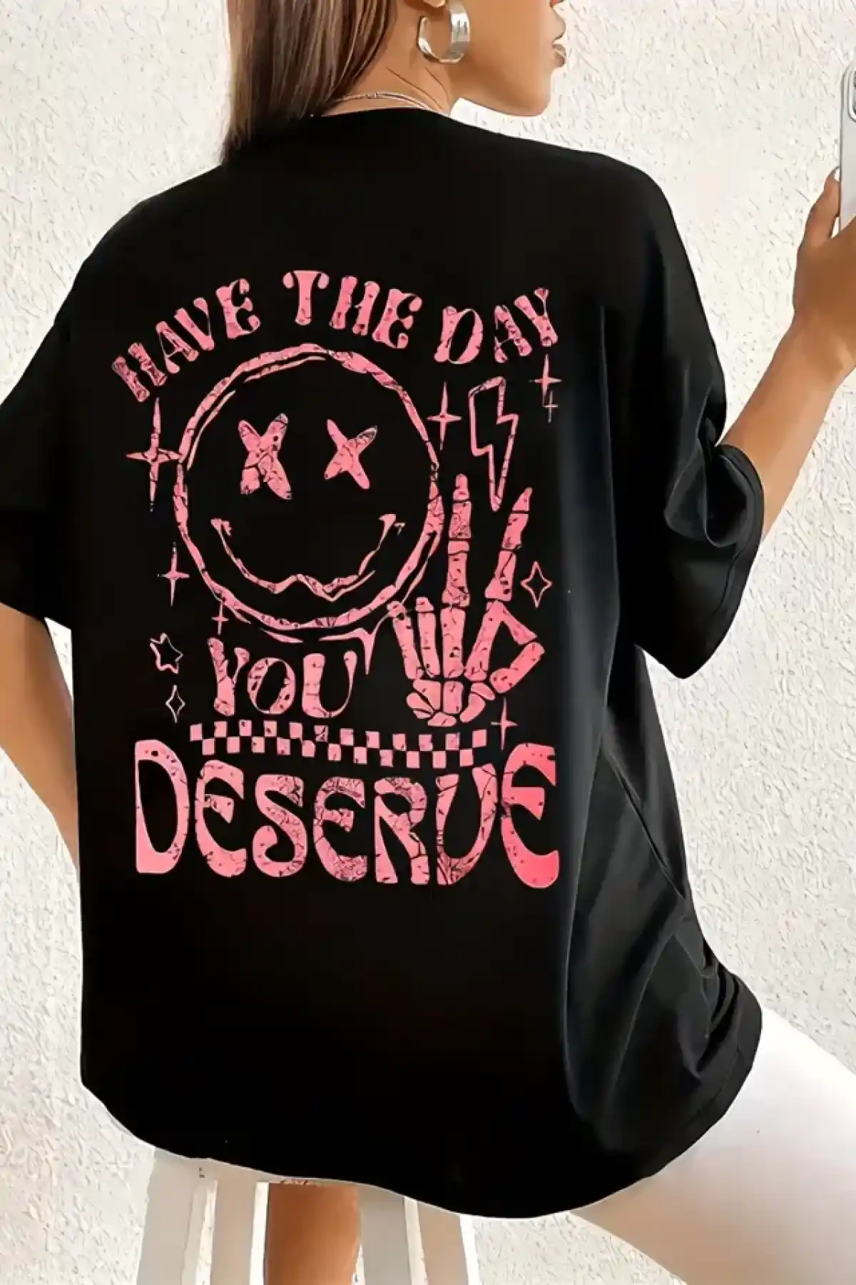 Oversize Kadın Karikatür Baskılı Yuvarlak Yaka Düşük Omuz Kısa Kollu Tişört Büyük Beden- Siyah