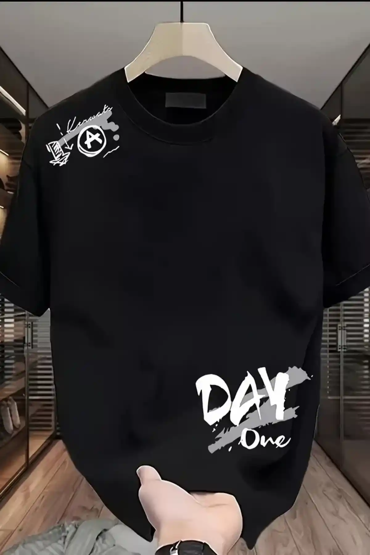 20/1 Penye Compack Day One Baskılı Oversize Bisiklet Yaka T-shirt - Siyah